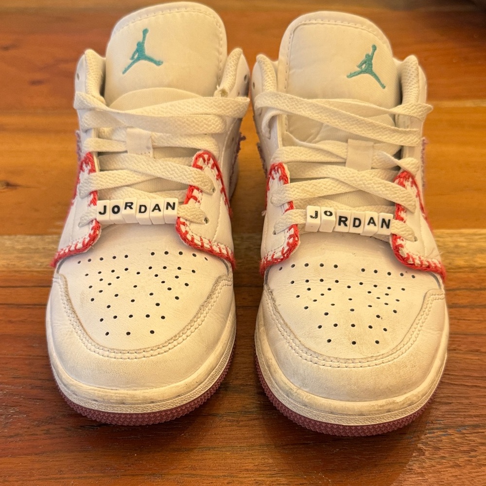 Jordan White Sneakers with Teal and Red Accents